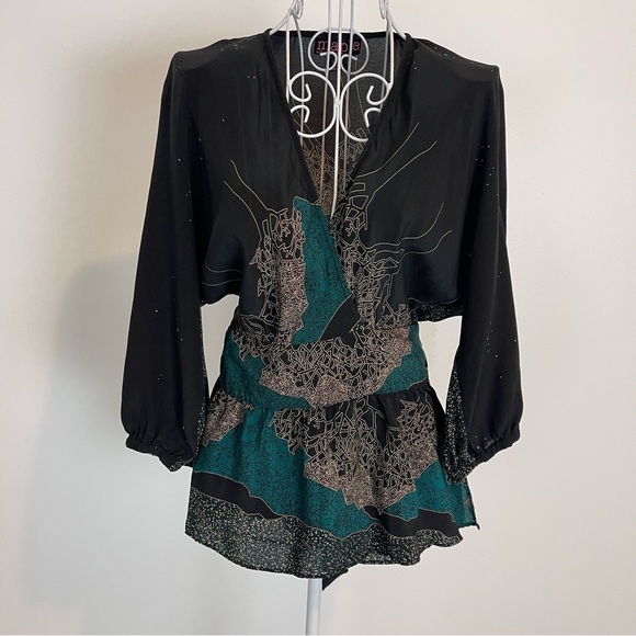 Anthropologie Maple Wrap Silk Top Blouse Black Green SZ 2 3/4 sleeve v neck - Picture 1 of 9